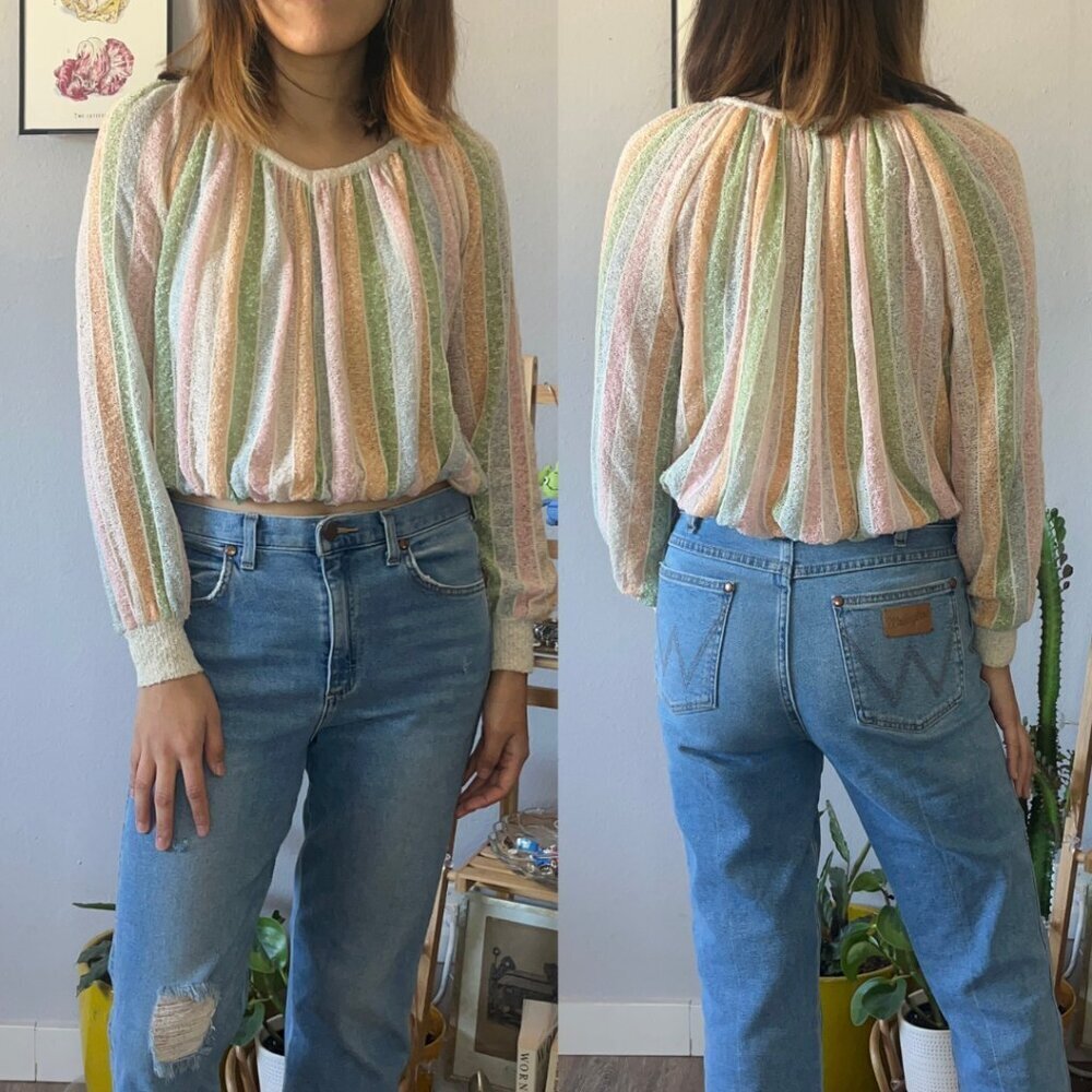 Vintage 80s/90s Colorful Rainbow Striped Gauzy Textured V Neck Relaxed Sweater